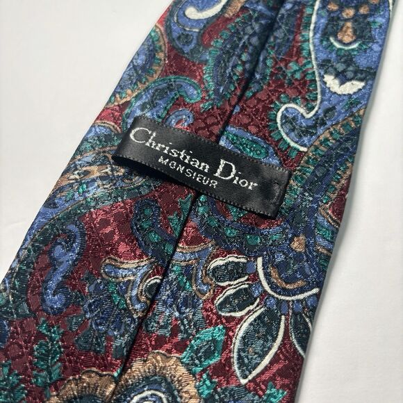 Christian‎ Dior Mens Neck Tie Burgundy Blue Green Paisley Floral Tie Vintage - Picture 2 of 5
